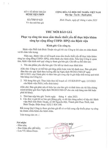 Thư mời báo giá mua sắm thuốc thiết yếu để khám sàng lọc cộng đồng COPD - Hen phế quản của Bệnh viện Phổi tỉnh Bình Thuận